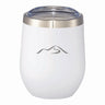 White Wachusett Mountain wine tumbler with sleek mountain logo engraving and clear lid, ideal for outdoor adventures or après-ski relaxation