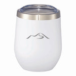 White double-wall insulated wine tumbler featuring the Wachusett Mountain logo perfect for ski resort souvenirs, hot cocoa, or chilled beverages on the slopes or in the lodge.