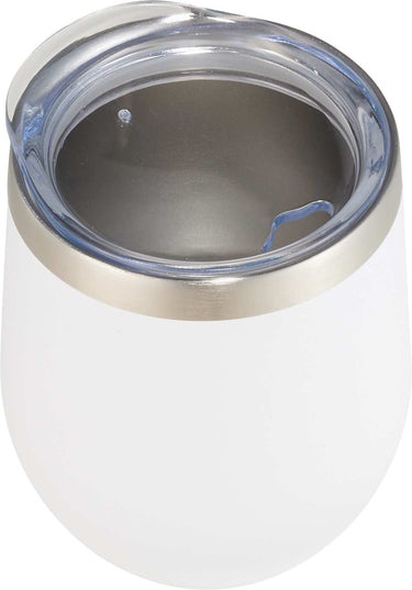 Top view of white stainless steel Wachusett Mountain wine tumbler featuring clear sliding lid and brushed silver rim, perfect for hot or cold drinks