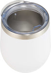 Top-down view of white stainless steel wine tumbler with spill-resistant lid ideal for sipping drinks in style at ski resorts, cabins, or during mountain getaways.