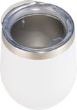 Top-down view of white stainless steel wine tumbler with spill-resistant lid ideal for sipping drinks in style at ski resorts, cabins, or during mountain getaways.