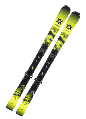 Völkl Deacon Junior Skis with vMotion Bindings 2022: kids’ all-mountain skis in black and neon yellow gradient design, offering stability, easy turn initiation, and confident carving for young skiers