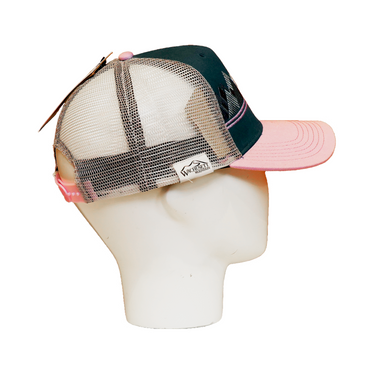 Side view of blue and pink Wachusett Mountain Cordillera trucker hat with mesh backing, adjustable snap closure, and logo patch detail