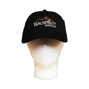 Front view of black Wachusett Mountain baseball cap featuring embroidered mountain line logo in orange and white, curved brim, and structured fit