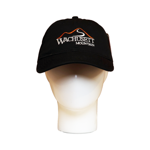 Front view of a black baseball cap featuring the “Wachusett Mountain” logo embroidered in white with an orange line forming a mountain peak. The hat is shown on a white mannequin head.