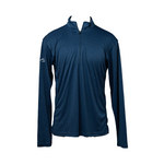 Men’s navy blue quarter-zip pullover with long sleeves and athletic fit, front view against white background