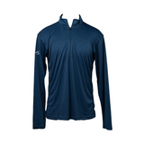 Men’s navy blue quarter-zip pullover with long sleeves and athletic fit, front view against white background