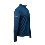 Side view of men’s navy blue quarter-zip athletic pullover featuring subtle Wachusett Mountain swoosh logo on the sleeve