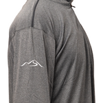 Close-up of grey men’s quarter-zip pullover sleeve featuring embroidered white Wachusett Mountain swoosh logo on performance fabric