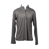 Men’s grey quarter-zip pullover with long sleeves and athletic fit, front view against white background