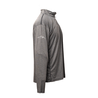 Side view of men’s dark grey athletic quarter zip top with white mountain logo detail, lightweight breathable fabric, and relaxed fit for training or casual layering
