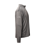 Side view of men’s grey quarter-zip athletic pullover featuring subtle Wachusett Mountain swoosh logo on the sleeve