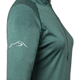 Close-up of women’s emerald green quarter-zip pullover showing white Wachusett Mountain swoosh logo stitched on the sleeve