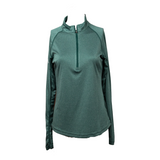 Front view of women’s emerald green long-sleeve quarter-zip pullover with athletic fit and collar