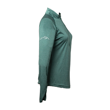 Side view of women’s emerald green athletic quarter zip with fitted silhouette and mountain logo on sleeve, ideal for cool-weather runs, hikes, or athleisure wear
