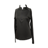 Women's charcoal grey quarter zip pullover with long sleeves and stand collar, featuring lightweight moisture-wicking fabric and an embroidered mountain logo on the sleeve. Ideal for hiking, running, or layering for outdoor adventures