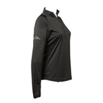 Side profile of women’s dark grey athletic quarter-zip pullover featuring Wachusett Mountain logo on the upper sleeve