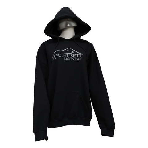 Adult mannequin with a black hoodie that has a Wachusett Mountain logo in the middle of the chest