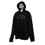 Adult mannequin with a black hoodie that has a Wachusett Mountain logo in the middle of the chest
