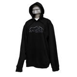 Adult mannequin with a black hoodie that has a Wachusett Mountain logo in the middle of the chest