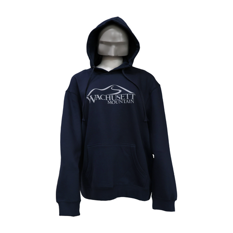 Adult mannequin with a navy hoodie that has a Wachusett Mountain logo in the middle of the chest