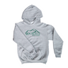 Youth gray Wachusett Mountain hoodie featuring green mountain logo and text across the chest, with soft fleece interior and front kangaroo pocket