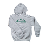 A junior grey hoodie that has a Wachusett Mountain logo in the middle of the chest, 1 pouch pocket, and no drawcords