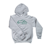 A junior grey hoodie that has a Wachusett Mountain logo in the middle of the chest, 1 pouch pocket, and no drawcords