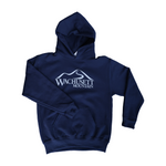 A junior navy hoodie that has a Wachusett Mountain logo in the middle of the chest, 1 pouch pocket, and no drawcords