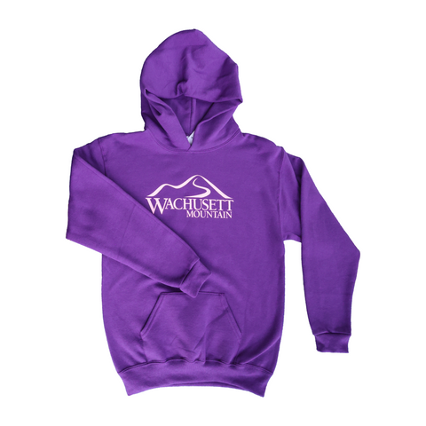 A junior purple hoodie that has a Wachusett Mountain logo in the middle of the chest, 1 pouch pocket, and no drawcords