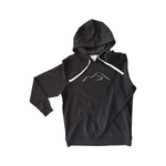 Grey hoodie with a front pouch pocket, natural color drawcords, and the Wachusett Swoosh logo.