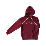 Maroon hoodie with a front pouch pocket, natural color drawcords, and the Wachusett Swoosh logo.