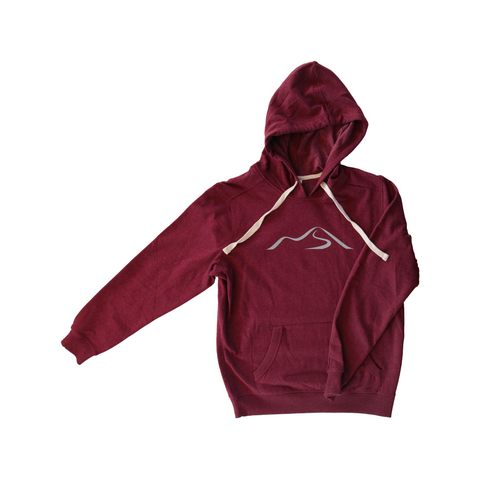 Maroon hoodie with a front pouch pocket, natural color drawcords, and the Wachusett Swoosh logo.