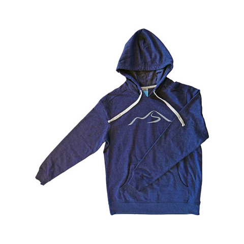 Navy hoodie with a front pouch pocket, natural color drawcords, and the Wachusett Swoosh logo.