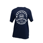 Navy Wachusett Mountain t-shirt with bold white circular logo and '1963 Four Seasons' text, cotton short sleeve tee front view