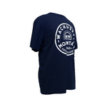 Navy Wachusett Mountain short sleeve t-shirt showing side angle of white graphic logo with 'WM 1963 Four Seasons' text