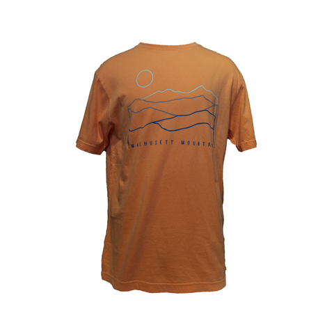 Front view of coral Wachusett Mountain t-shirt featuring minimalist blue line-art mountain and sun graphic with “Wachusett Mountain” text below