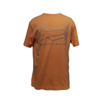 Coral Wachusett Mountain t-shirt with minimalist mountain line art and sun graphic on back, short sleeve tee front view.