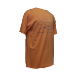 Side view of coral short sleeve t-shirt featuring Wachusett Mountain outline graphic and sun design, pigment-dyed for vintage look