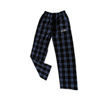 Full view of blue and black plaid Wachusett Mountain flannel pants with elastic waistband and side pockets