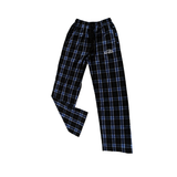 Full view of blue and black plaid Wachusett Mountain flannel pants with elastic waistband and side pockets