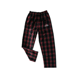 Full view of red and black plaid Wachusett Mountain flannel pants with adjustable drawstring and side pockets for cozy comfort