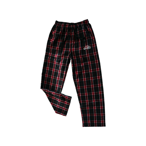 Full view of red and black plaid Wachusett Mountain flannel pants with adjustable drawstring and side pockets for cozy comfort
