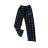 Full view of blue and black plaid Wachusett Mountain flannel pants with elastic waistband and side pockets